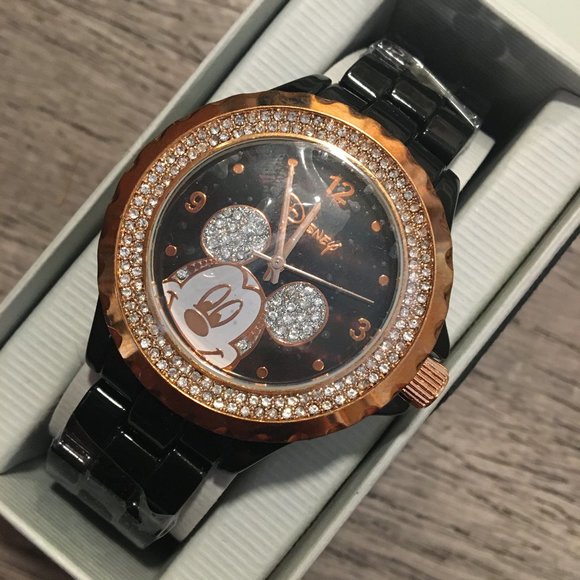 Watch Disney Women's Mickey Mouse Black Enamel Rhinestones Jewelry Bling NIB - Picture 7 of 16